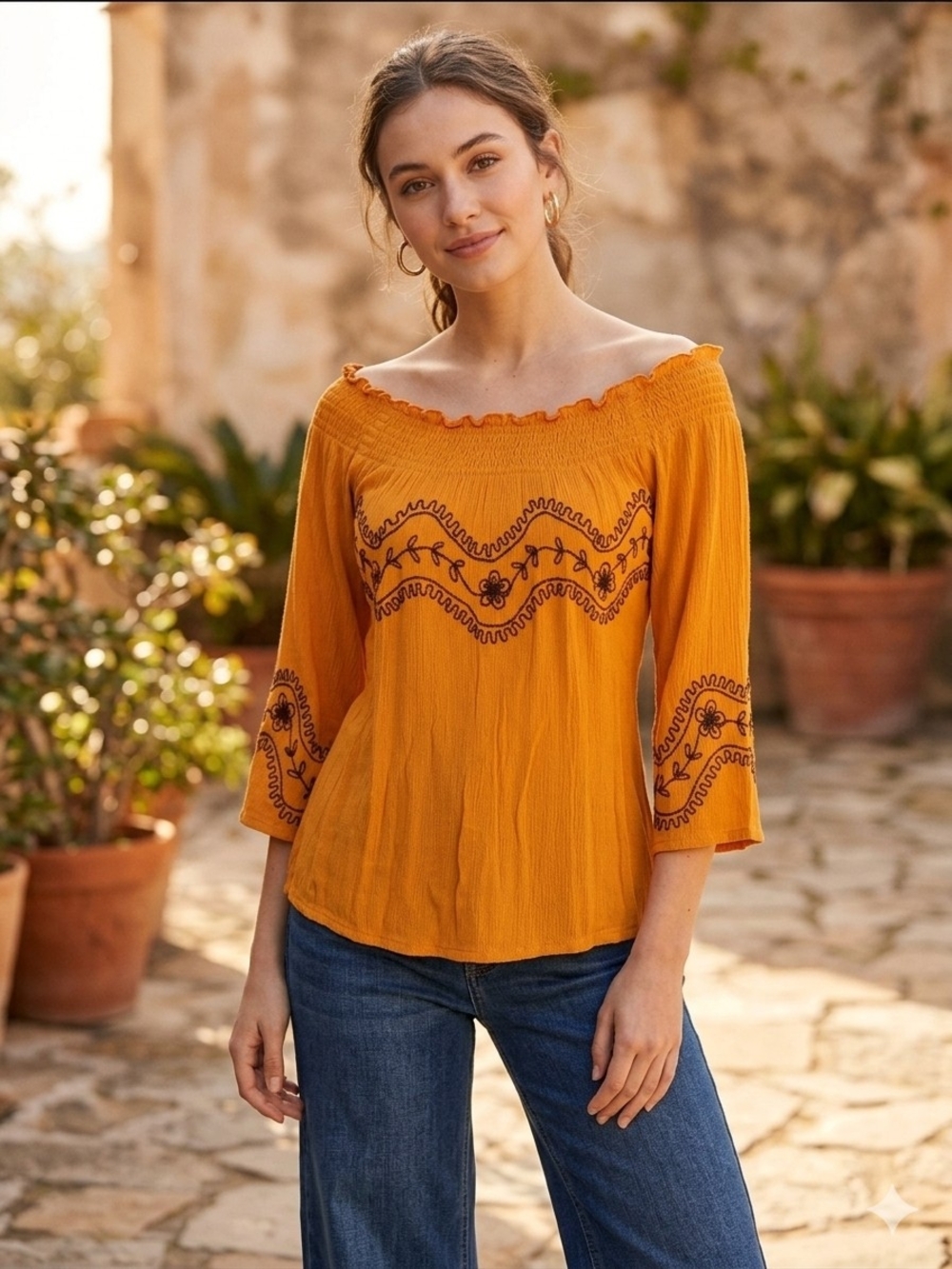 Off-Shoulder Ochre Embroidered Women’s Tunic